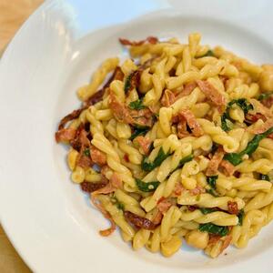 Pasta with Beans, Crispy Lunch Meat, Greens and Garlic