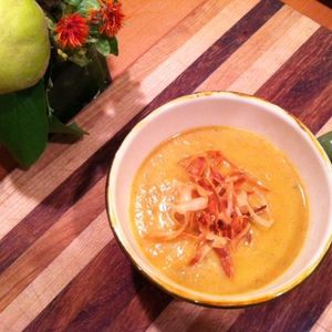 Pumpkin Apple Soup with Salsify Garnish