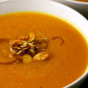 Pumpkin Apple Soup with Cumin-Candied Pepitas