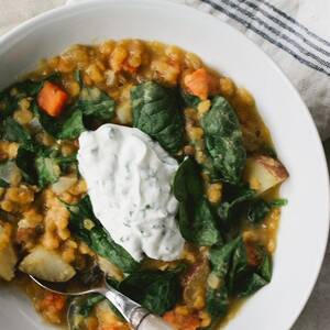 Red Lentil and Vegetable Soup with Chive Yogurt