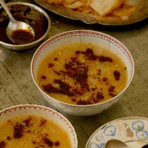 Red Lentil and Bulgur Soup with Chile–Mint Butter