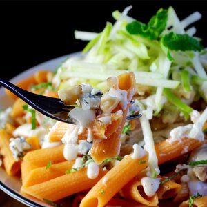 Red Lentil Penne with Gorgonzola Sauce, Walnut, Apple, and Mint