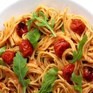 Red Lentil Spaghetti With Vegan Cauliflower Rosa Sauce and Arugula