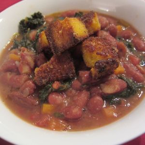 Red Kidney Bean and Kale Soup with Cornbread Croutons