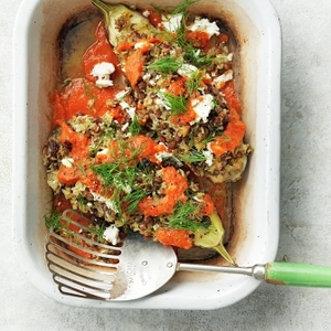 Rice & lentil-stuffed aubergines