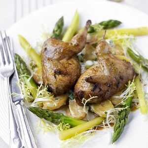 Roast & marinated quail with warm spring vegetable salad