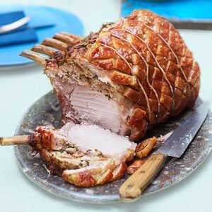 Roast rack of pork with wild garlic stuffing