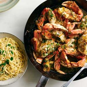 Roasted Garlic-Chile Dungeness Crab with Garlic Noodles