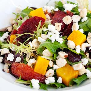 Roasted Beet, Chevre, Hazelnut Salad With Blood Oranges