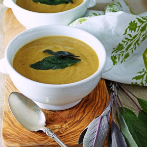 Roasted Eggplant Lentil Soup with Crispy Sage Leaves