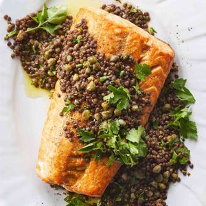 Roasted Salmon with Lentil "Caviar"