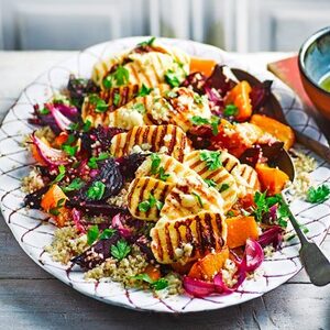 Roasted vegetable quinoa salad with griddled halloumi