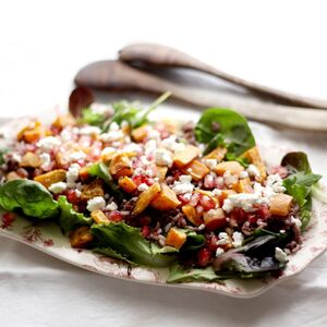 Roasted sweet potato, wild rice, pomegranate and feta salad