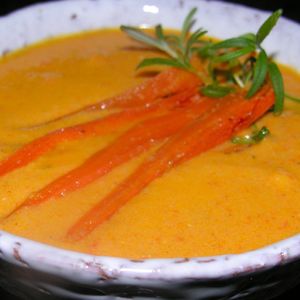 Roasted carrot soup with Meyer lemon and rosemary