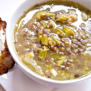 Roasted celery, leek and French green lentil soup