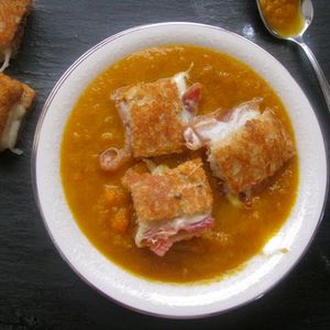 Roasted Carrot Soup w/ Bacon Grilled Cheese Croutons