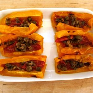 Roasted Yellow Bell Peppersa with Anchovies, Capers and Tomato