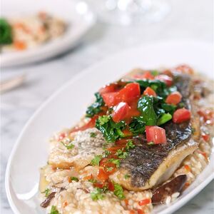 SAUTEED BARRAMUNDI WITH VEGETABLE RISOTTO AND TOMATO WINE SAUCE