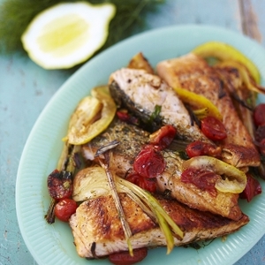 Salmon with young garlic & tomato sauce