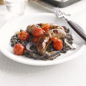 Saucy roast sausages with lentils