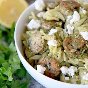 Sausage, Feta, and Almond-Parsley Pesto Pasta