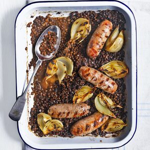 Sausage & lentil traybake