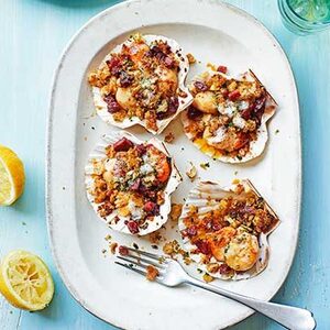 Scallops with chorizo & hazelnut picada