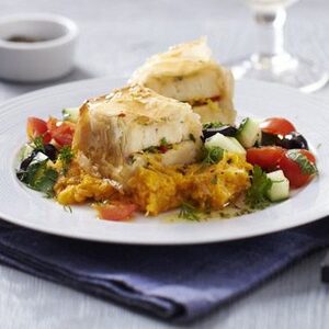 Sesame halloumi parcels with sweet potato tahini mash & chopped herb salad