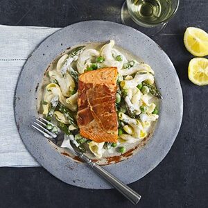 Simple salmon with spring pasta