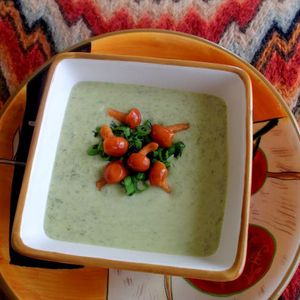 Sorrel Soup, Served with Spring Onions and Prickly Mushroom Relish