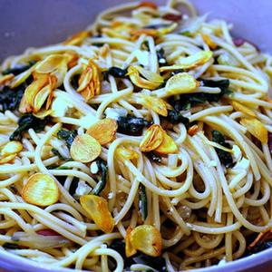 Spaghetti With Swiss Chard And Garlic Chips