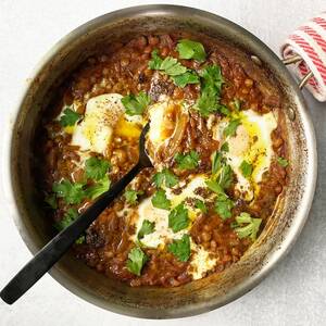 Spiced Lentil and Caramelized Onion Baked Eggs