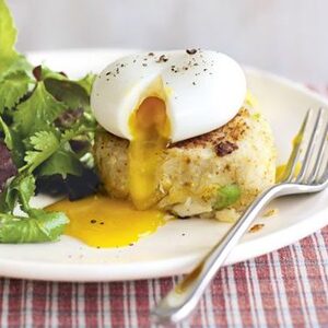 Spicy smoked fish cakes with herb salad & eggs