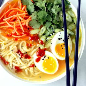 Spicy Chicken Noodle Soup with Soft-Boiled Eggs