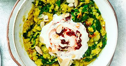 Spinach dhal with harissa yogurt