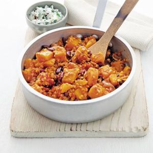 Squash, lentil & bean one-pot with fig raita