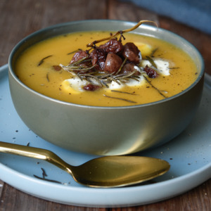 Squash, Parsnip & Sweet Potato Soup with Roasted Grapes & Mascarpone