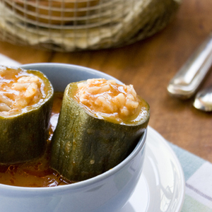 Stuffed zucchini in tomato sauce