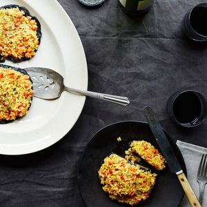 Stuffed Portobello Mushroom Caps with Roasted Root Vegetable Risotto