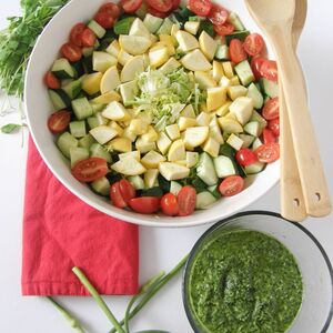 Summer Salad with Pea Tendrils and Garlic Scapes Pesto