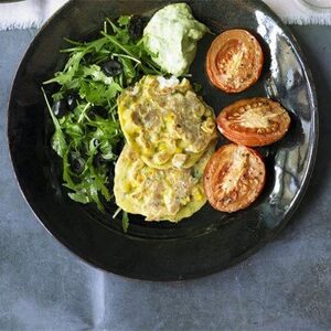 Sweetcorn fritters with slow-cooked tomatoes