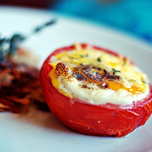 Three-Cheese Baked Eggs in Tomato Cups