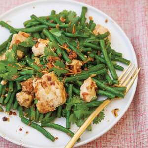 Tofu, Long Bean, and Crispy Shallot Salad with Black Bean Vinaigrette