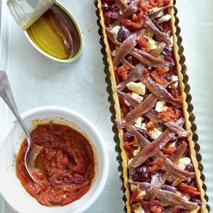 Tomato, black olive, feta & anchovy tart