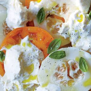 Tomato, Pickled Melon, and Burrata Salad