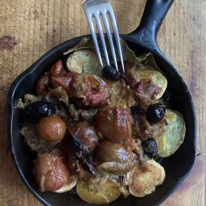 Tomato, Onion, Olive and Anchovy Potatoes