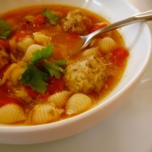 Tomato and Zucchini Soup with Sausage Meatballs