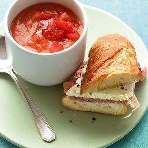 Tomato Gazpacho with Prosciutto-Mozzarella Sandwiches