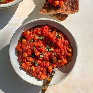 Tomato Braised Chickpeas with Preserved Lemon + Fresh Herbs