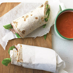 Tomato-Pepper Soup with Ham-and-Arugula Wraps